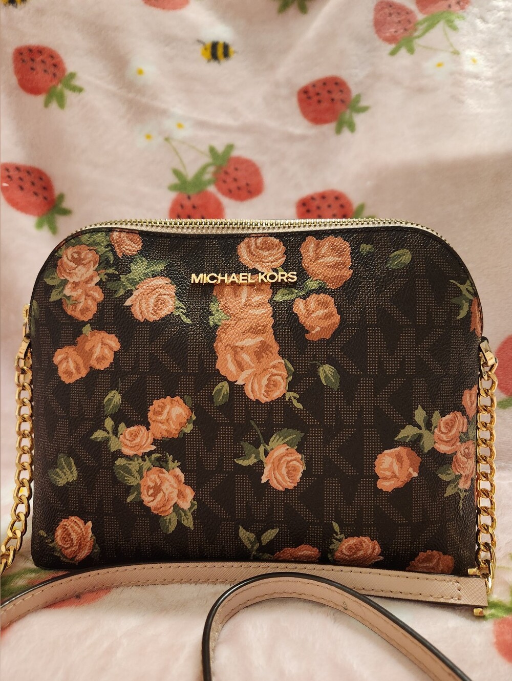 Michael Kors Brown Floral Logo Crossbody with Peach Roses